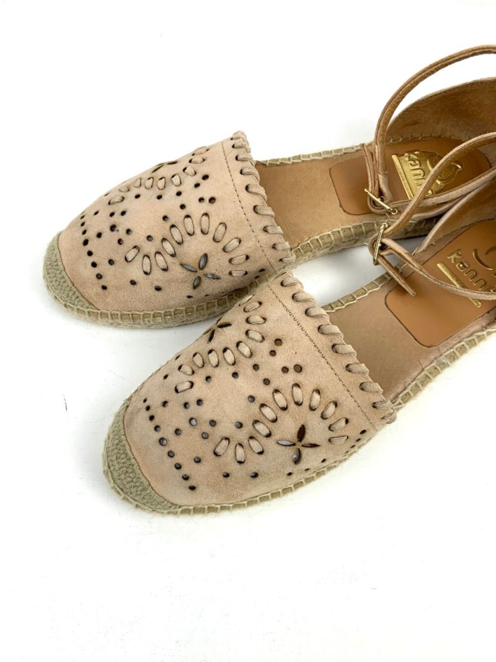 Kanna Flat Closed Toe Tan/Blush Nutbuck Laser Cut Ankle Strap Espadrilles Sz 39 - Picture 4 of 16